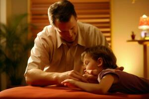 uma Papai recebendo uma massagem a partir de dele criança foto