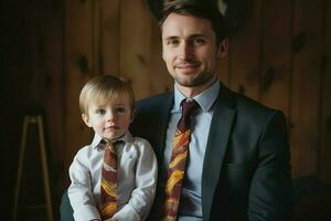 uma Papai vestindo uma feito à mão gravata fez de dele criança foto
