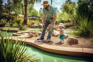 uma família jogos do mini golfe em pais dia foto