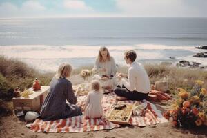 uma família piquenique às a de praia foto