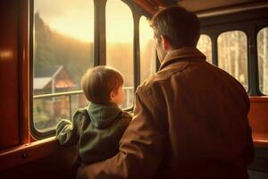 uma pai e criança indo em uma trem passeio foto