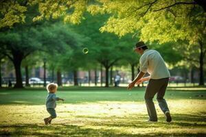 uma pai e criança jogando pegar dentro a parque foto
