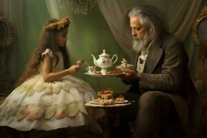 uma pai e filha tendo uma chá festa foto