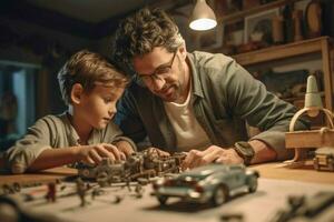 uma pai e filho construção uma modelo carro foto