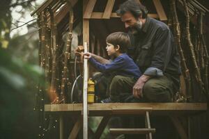 uma pai e filho construção uma casa da árvore juntos foto