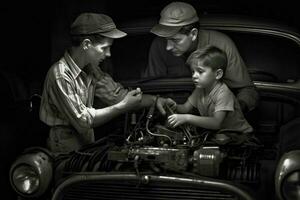 uma pai e filho trabalhando em uma carro juntos foto