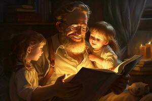 uma pai lendo uma hora de dormir história para dele crianças foto
