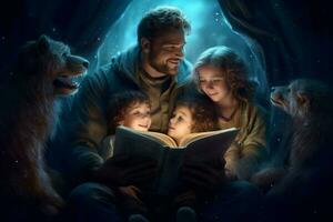 uma pai lendo uma hora de dormir história para dele crianças foto