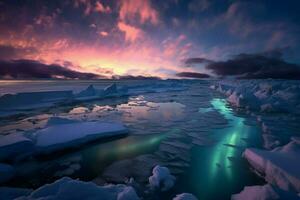 uma congeladas tundra com aurora boreal foto