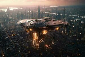 uma futurista nave espacial pairando sobre uma cidade foto