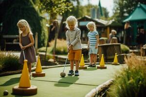 uma grupo do crianças desfrutando uma jogos do mini golfe foto