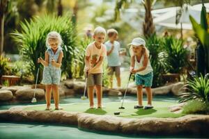 uma grupo do crianças desfrutando uma jogos do mini golfe foto