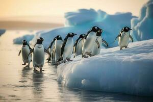 uma grupo do pinguins em a gelo estante foto