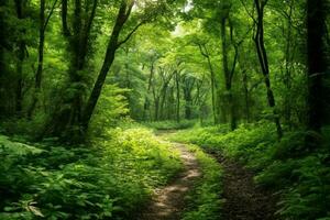 uma panorama do exuberante verde florestas dentro a horário de verão foto