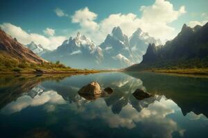 uma montanha alcance refletindo dentro uma perfeitamente espelhado foto