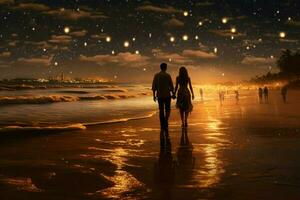 uma romântico andar em a de praia às noite foto