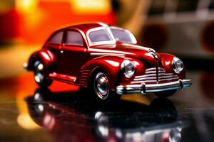 uma brilhante vermelho brinquedo carro foto