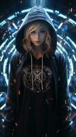 jovem menina vestindo Preto moletom com capuz com cyberpunk estilo. generativo ai foto