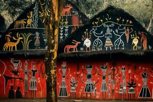 tribal obra de arte adornando uma aldeias paredes foto