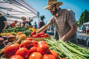 tentando Novo alimentos às uma agricultores mercado foto