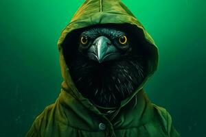 uma Preto pássaro vestindo uma moletom com capuz com uma verde fundo foto