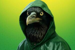 uma Preto pássaro vestindo uma moletom com capuz com uma verde fundo foto
