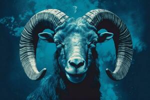 uma azul poster com uma cabras face e a palavra RAM foto