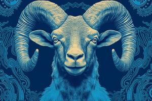 uma azul poster com uma cabras face e a palavra RAM foto