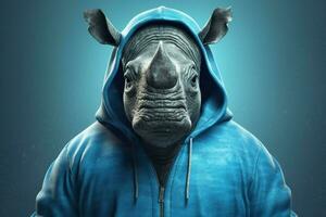 uma azul rinoceronte com uma moletom com capuz este dizim uma rinoceronte foto