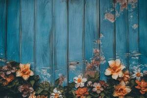 uma azul de madeira borda com flores em isto foto