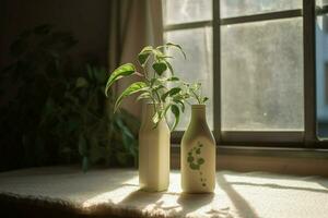 uma garrafa do leite senta em uma mesa Próximo para uma plantar foto