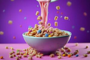 uma tigela do cereal é ser derramado para dentro uma tigela com foto