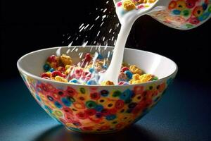 uma tigela do cereal com uma branco líquido ser derramado foto