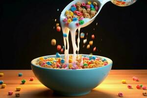 uma tigela do cereal com leite derramando para dentro isto foto