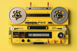uma cassete jogador com uma amarelo e Preto rótulo t foto