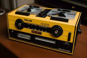 uma cassete jogador com uma amarelo e Preto rótulo t foto