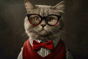uma gato vestindo óculos e uma vermelho colarinho com uma bla foto