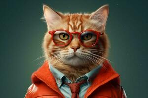uma gato vestindo óculos e uma colarinho com uma tag isso foto