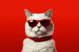 uma gato vestindo oculos de sol e uma vermelho fundo sagacidade foto