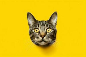 uma gato com uma amarelo fundo este diz gato foto