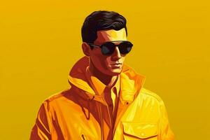 uma personagem vestindo uma amarelo Jaqueta e sunglasse foto