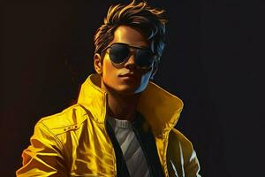 uma personagem vestindo uma amarelo Jaqueta e sunglasse foto