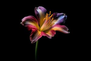 uma colorida flor é exibido em uma Preto background foto