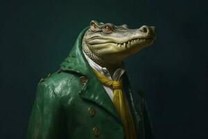 uma crocodilo com uma verde Jaqueta e uma verde jaqueta foto