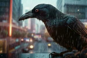 uma Corvo dentro uma cidade com uma gota de chuva em dele bico foto