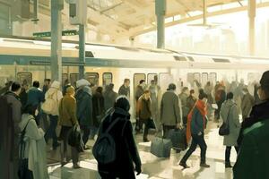 uma multidão do pessoas caminhando dentro uma trem estação Veja foto