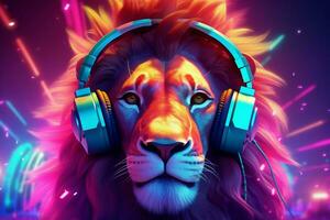 uma digital arte do uma leão com fones de ouvido e uma neo foto