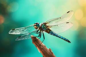 uma libélula senta em uma azul e verde fundo foto