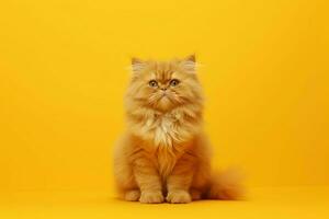 uma fofo laranja gato senta em uma amarelo fundo foto