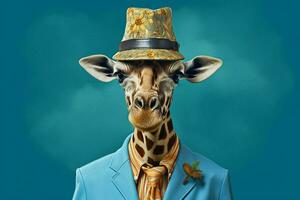 uma girafa com uma azul Jaqueta e uma azul chapéu foto